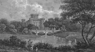 Eglinton Castle & Bridge. This again shows the original three arched bridge, lake, etc. Circa 1843.