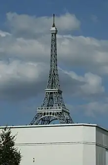 Replica of Eiffel Tower on factory building at Satteldorf near Crailsheim, Germany