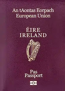 A passport, displaying the name of the member state, the national arms and the words "European Union" given in their official language(s) (Irish version pictured)