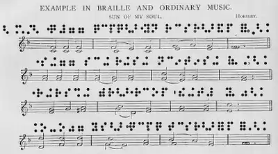 Musician notation for blind musicians developed by Louis Braille, church organist (1834-39)