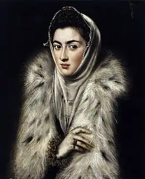 Painting of a white woman wrapped in ermine fur.