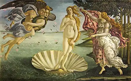 Large rectangular panel.  At the centre, the Goddess Venus, with her thick golden hair curving around her is standing afloat in a large seashell. To the left, two Wind Gods blow her towards the shore where on the right Flora, the spirit of Spring, is about to drape her in a pink robe decorated with flowers. The figures are elongated and serene. The colours are delicate. Gold has been used to highlight the details.