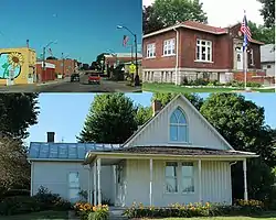 Clockwise from top left: Downtown viewing (Elm Street), Eldon Carnegie Public Library, and the Dibble House otherwise known as the American Gothic House