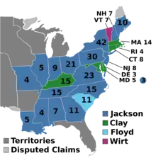 A map of the 1832 presidential election. Blue states were won by Jackson.