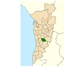 Map of Adelaide, South Australia with electoral district of Unley highlighted