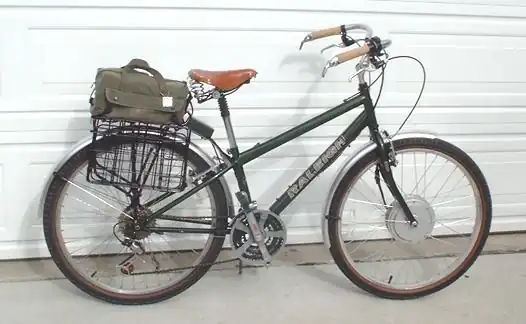A bike equipped with an after market electric hub motor conversion kit, with the battery pack placed on the rear carrier rack