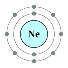 An atomic shell diagram with neon core, 2 electrons in the inner shell and 8 in the outer shell.