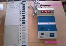 DRE voting machine used in all major Indian elections with its separate ballot unit and control unit.