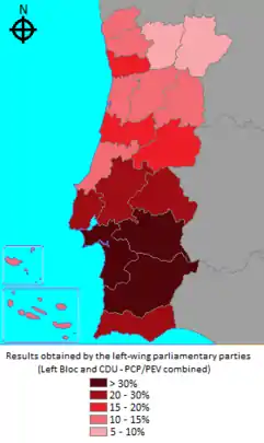 Percentage of votes for the left-wing parties represented in the Parliament, by district or autonomous region.