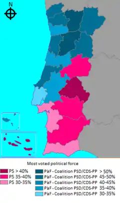 Most voted political force by district or autonomous region.