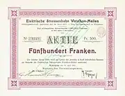 Share of the Elektrische Strassenbahn Wetzikon-Meilen AG, issued 19. April 1904