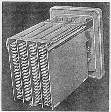 Folded wet aluminum electrolytic capacitor, Bell System 1929, view onto the folded anode, which was mounted in a squared housing (not shown) filled with liquid electrolyte