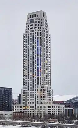 A tall, white building