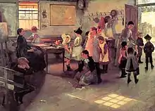 School Is Out, by Elizabeth Adela Forbes, depicts the schoolroom in the small village of Paul, just outside Newlyn. It was painted in 1889, shortly before Elizabeth's marriage to Stanhope Forbes. In 1904 she exhibited works at the Leicester Gallery, in an exhibition entitled 'Children and Child Lore'.