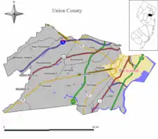 Location of Elizabeth in Union County highlighted in yellow (center). Inset map: Location of Union County in New Jersey highlighted in black (upper right).