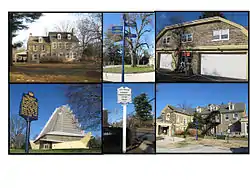 Clockwise from top, Wall House, Cheltenham Twinning Fingerpost, Cheltenham EMS Building, Cheltenham Township Municipal Building, Township Police Headquarters sign on Old York Road, Beth Shalom Synagogue