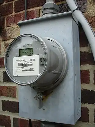 Newer retrofitted U.S. domestic digital electricity meter Elster REX with 900MHz mesh network topology for automatic meter reading and "EnergyAxis" time-of-use metering.