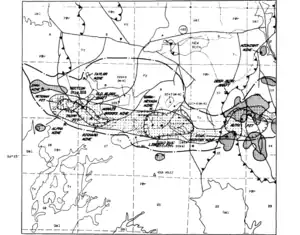 Geology map of the Ruth area showing alteration zone, copper and gold mineralized areas, and the Veteran, Trapp, Liberty and Ruth open pits (l-r)