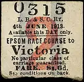 Second class return part of the ticket, for Epsom to Victoria, number 0315, dated 4 June 1913