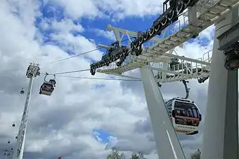 Image 41Gondolas of the Emirates Air Line cable car cross the River Thames from Greenwich Peninsula to Royal Docks.