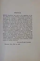 Preface to a 1908 copy of "The fragments of Empedocles," translated to English by William Ellery Leonard. Leonard dedicated the book to Newbold.