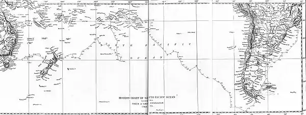 Map: A line runs from Rio de Janeiro in South America, generally southward to Cape Horn and then west and northwest through the south Pacific Ocean to Tahiti and the Society Islands. The line then moves south and west to New Zealand, west to the Australian coast and north to Cape York.