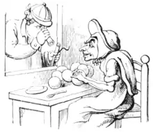Caricature of a seated woman making apple dumplings, a man leaning in a window watching through a [[monocular]]