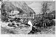 Drawing of Enoch Hale bridge, the first built across the Connecticut River, built in 1785 above Great Falls between Bellows Falls, VT on left to Walpole, NH at right