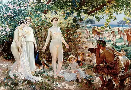 El Juicio de Paris by Enrique Simonet, c. 1904. This painting depicts Paris' judgement. He is inspecting Aphrodite, who is standing naked before him. Hera and Athena watch nearby.