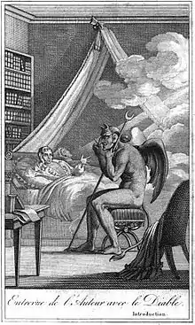 Illustration from Diable peint par lui-même (1825) depicting Collin de Plancy, reclining on his bed, having a discussion with the devil