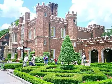 The United Kingdom pavilion has a miniature replica of Hampton Court Palace.