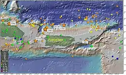 Map showing the epicenters of all the magnitude 5 and greater earthquakes around Puerto Rico for the last 100 years