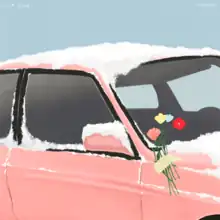An illustration of a snow-covered pink car with flowers taped on the hood.