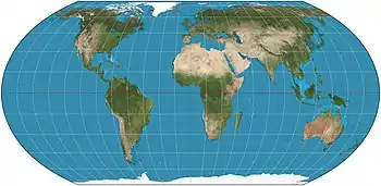 Image 46The Equal Earth projection (2018), an increasingly popular equal-area pseudocylindrical projection for world maps (from Cartographic design)