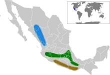 map of Mexico showing three colored areas in center and west of the country