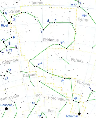 Diagram showing star positions and boundaries of the constellation of Eridanus and its surroundings