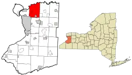 Location of Amherst in Erie County, New York (left) and of Erie County in New York state (right)