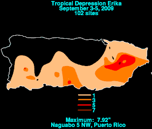 Map of Puerto Rico depicting rainfall from a tropical cyclone. Only the northwestern portion of the island is without rain and the highest totals are found along the eastern edge.
