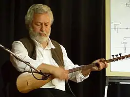 Erkan Oğur holding a kopuz lute in April 2007, giving a workshop in Rotterdam