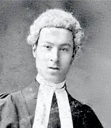 Monochrome photograph of Ernest James Pillers, Bristol solicitor, photographed in 1887, in court dress, by Thomas Protheroe, at 36 Wine Street, Bristol