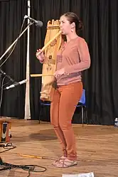 Musician Cécile Nuñez plays Tambourin de Béarn and one-handed flute (flabuta) in Le Passage, Gascony, 2016.