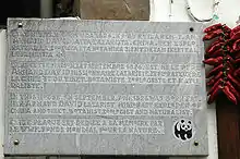 Plaque of WWF in front of Father Armand David's birth house, inaugurated by Cardinal Roger Etchegaray in Espelette.