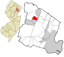 Location of Caldwell in Essex County highlighted in red (right). Inset map: Location of Essex County in New Jersey highlighted in orange (left).