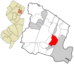 Location of East Orange in Essex County highlighted in red (right). Inset map: Location of Essex County in New Jersey highlighted in orange (left).