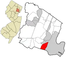 Location of Irvington in Essex County highlighted in red (right). Inset map: Location of Essex County in New Jersey highlighted in orange (left).