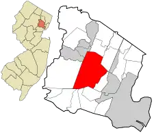 Location of West Orange in Essex County highlighted in red (right). Inset map: Location of Essex County in New Jersey highlighted in orange (left).