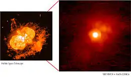 The Homunculus Nebula on the left, and a zoomed-in infrared image on the right