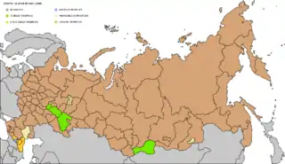1989 ethnic map of Russia showing the largest ethnic group of each region or Republic; with brown as Russians, green as Turkic peoples