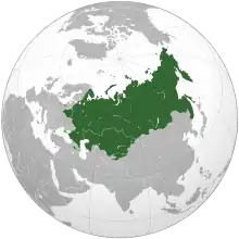 An orthographic projection of the world highlighting the 5 member countries (Armenia, Belarus, Kazakhstan, Kyrgyzstan, Russia) in green