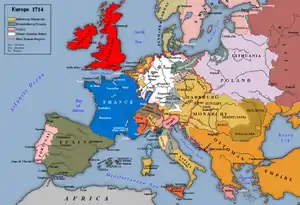 Map of Europe after the treaties of Utrecht, Rastatt and Baden